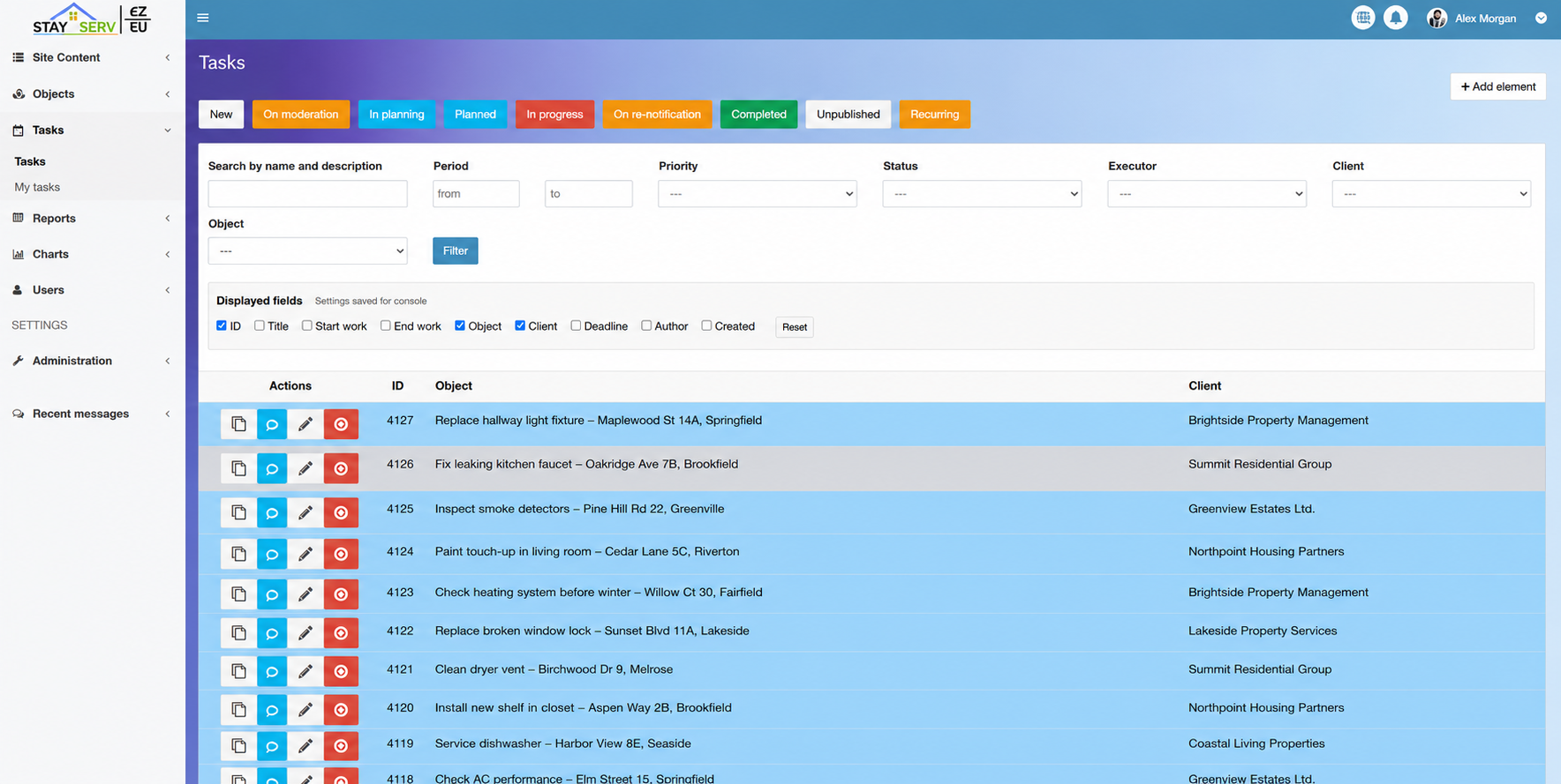 Calendar — cleanings, check-ins and service visits